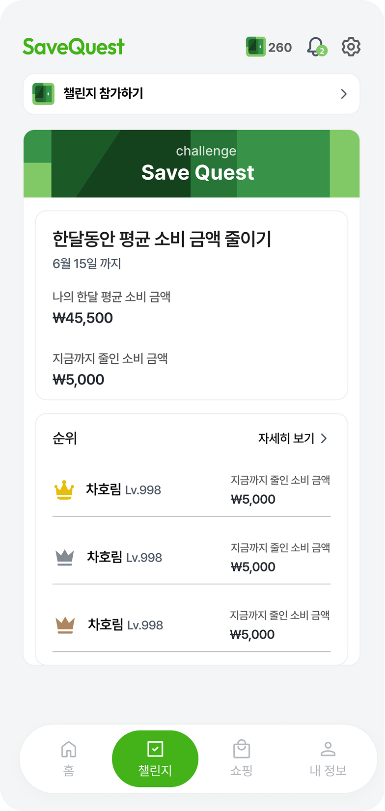 SaveQuest challenge and ranking